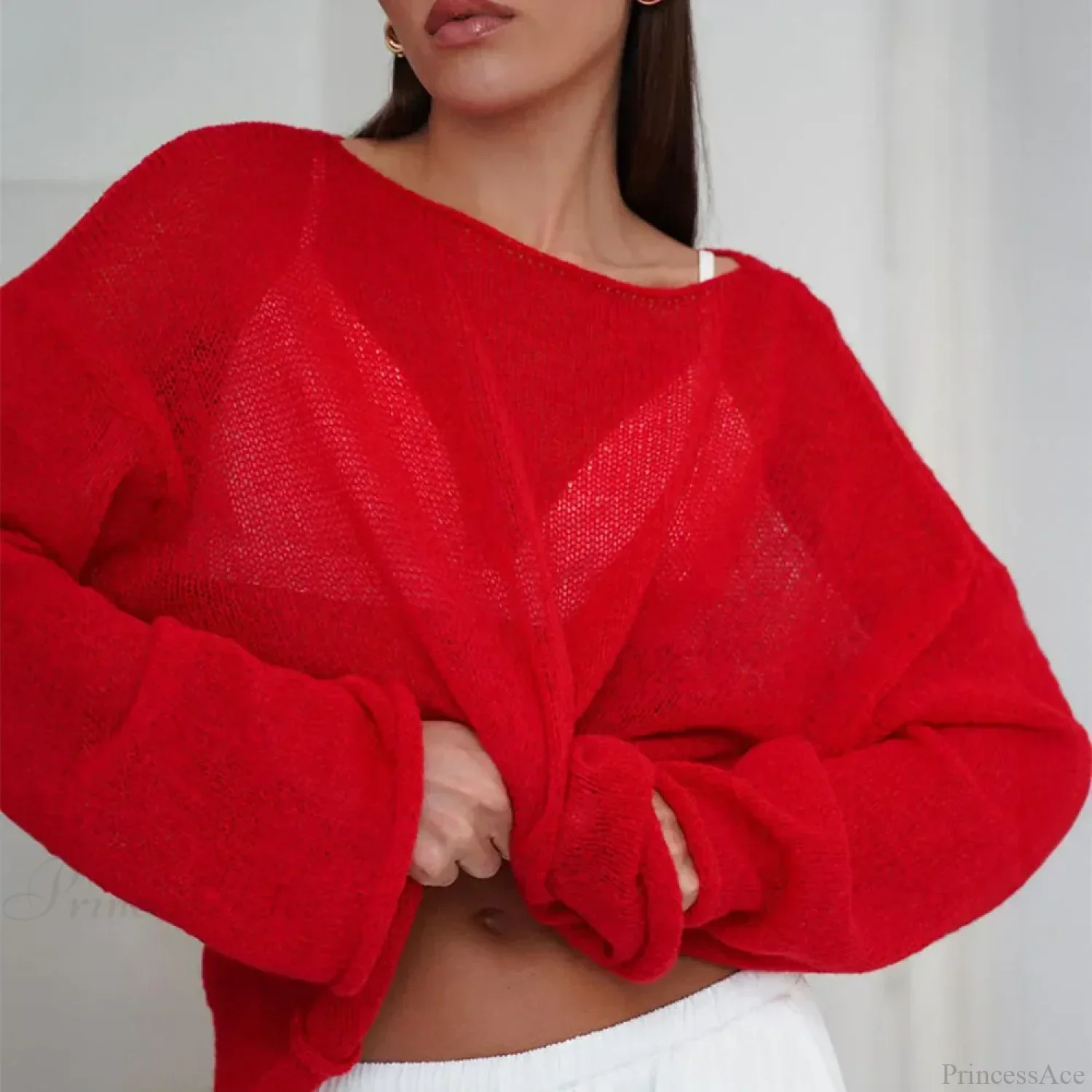 Hollow See-through O-neck Long Sleeve Sweater - Image 6