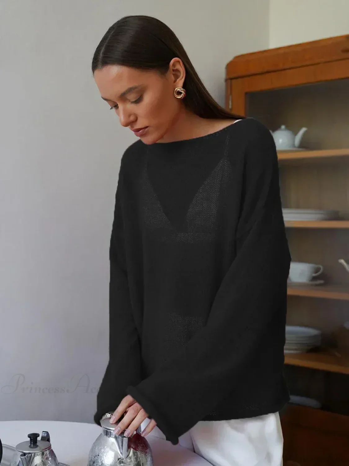 Hollow See-through O-neck Long Sleeve Sweater - Image 9