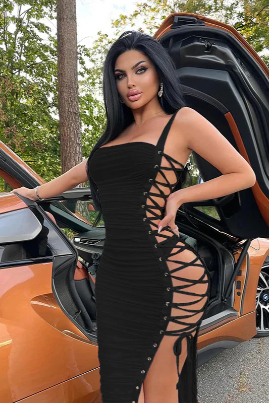 Hollow Side Lace-Up Ruched Slim Fit Party Dress - Image 4