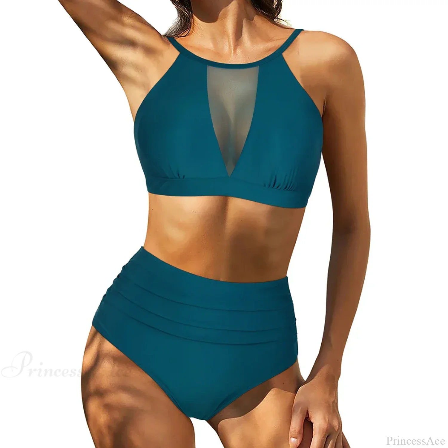 Hollow Solid Color High Waist Two Piece Set - Image 4