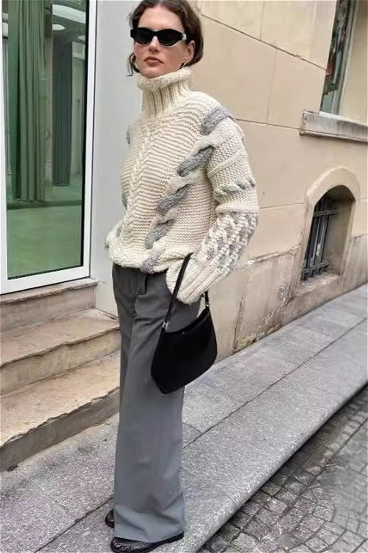 Hooded Colorblock Cable Knit Sweater - Image 2