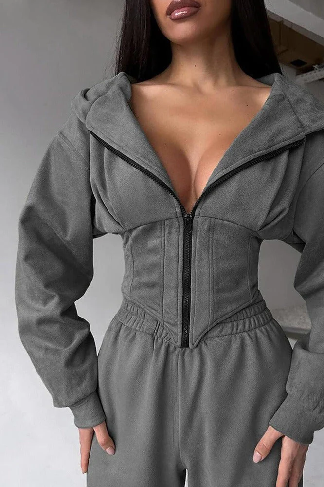 Hooded Drawstring Two Piece Pants Set - Image 3