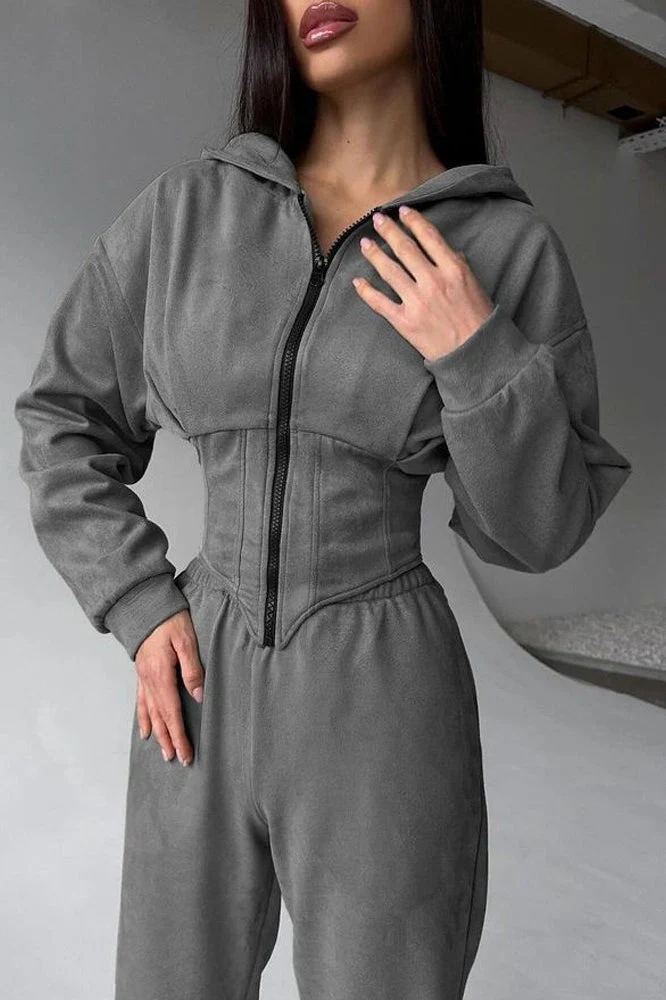 Hooded Drawstring Two Piece Pants Set - Image 4
