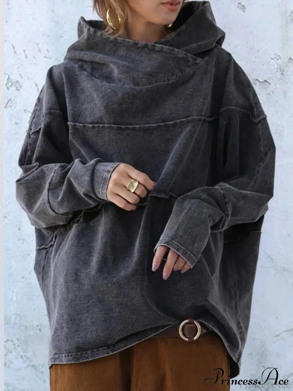 Hooded Effect Color Denim Washed Solid Sweatshirt - Image 3