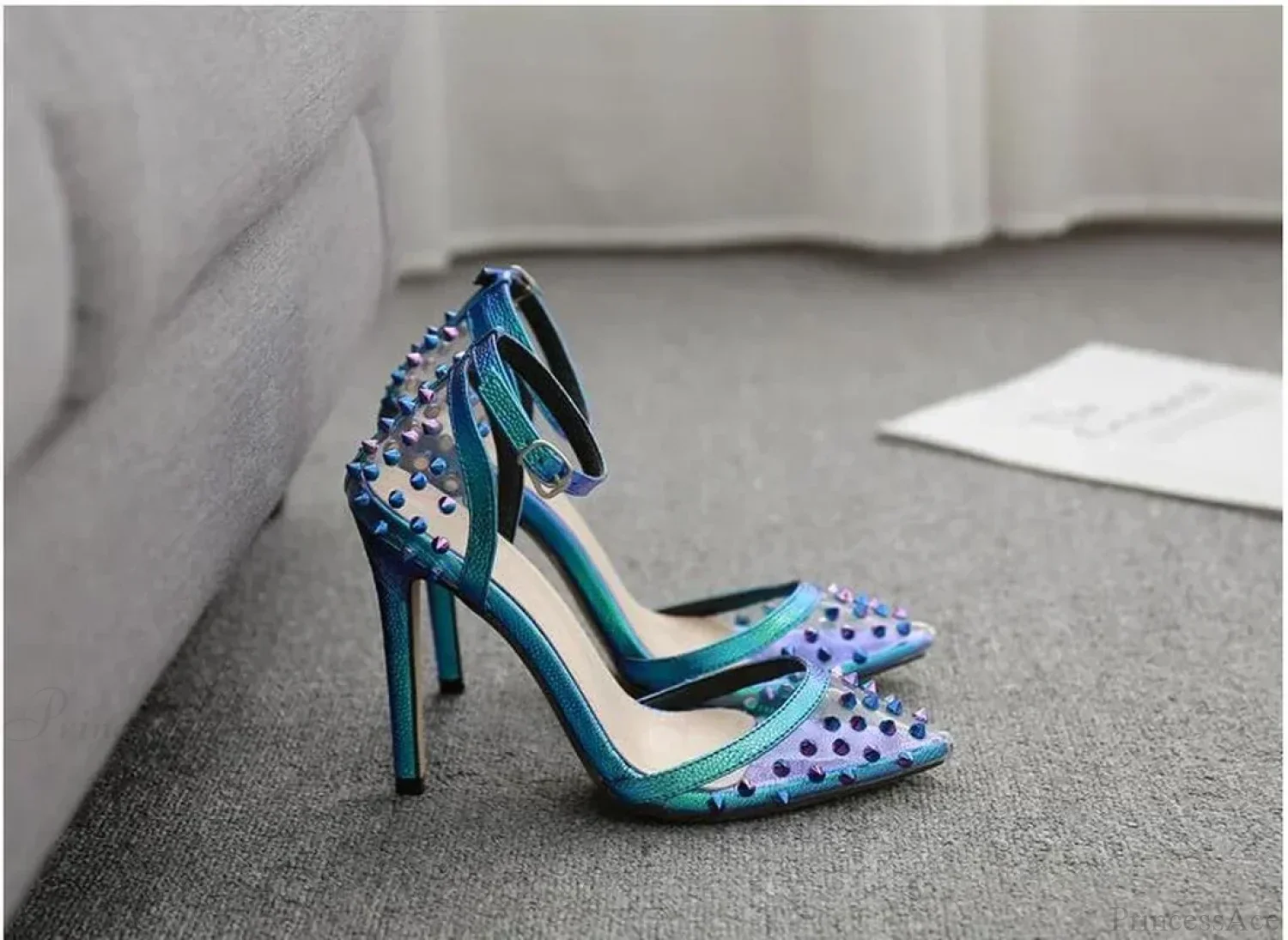 Hot Sexy Colorful Rivet Transparent Pvc Pumps Pointed ToeBuckle Strap Cover Heel Ladies Party High Heel - Image 3