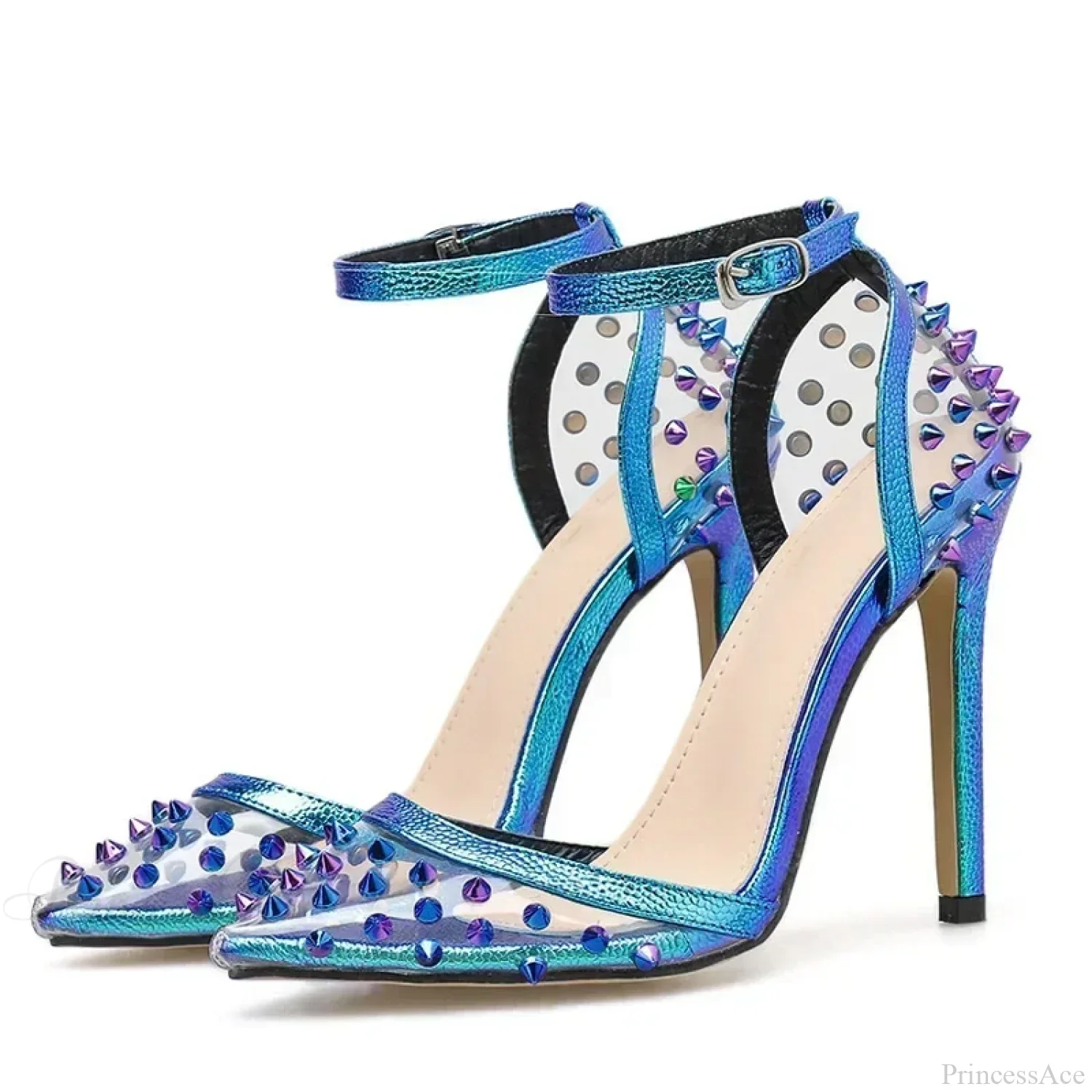 Hot Sexy Colorful Rivet Transparent Pvc Pumps Pointed ToeBuckle Strap Cover Heel Ladies Party High Heel - Image 4