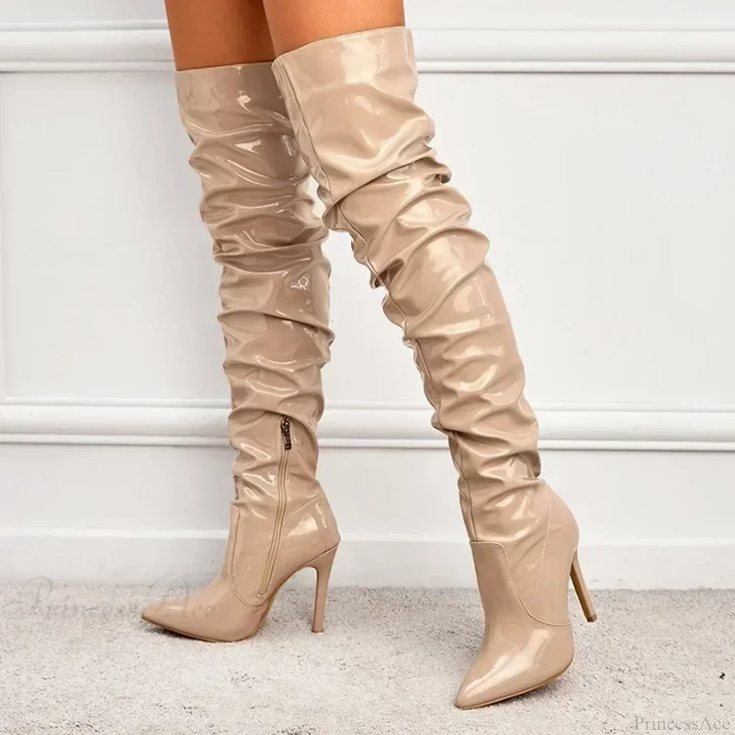 Hot Sexy Modern Boots Autumn Winter Patent Leather Elastic Over-the-Knee Slim Pointed Toe Zip Thigh High Heel - Image 4