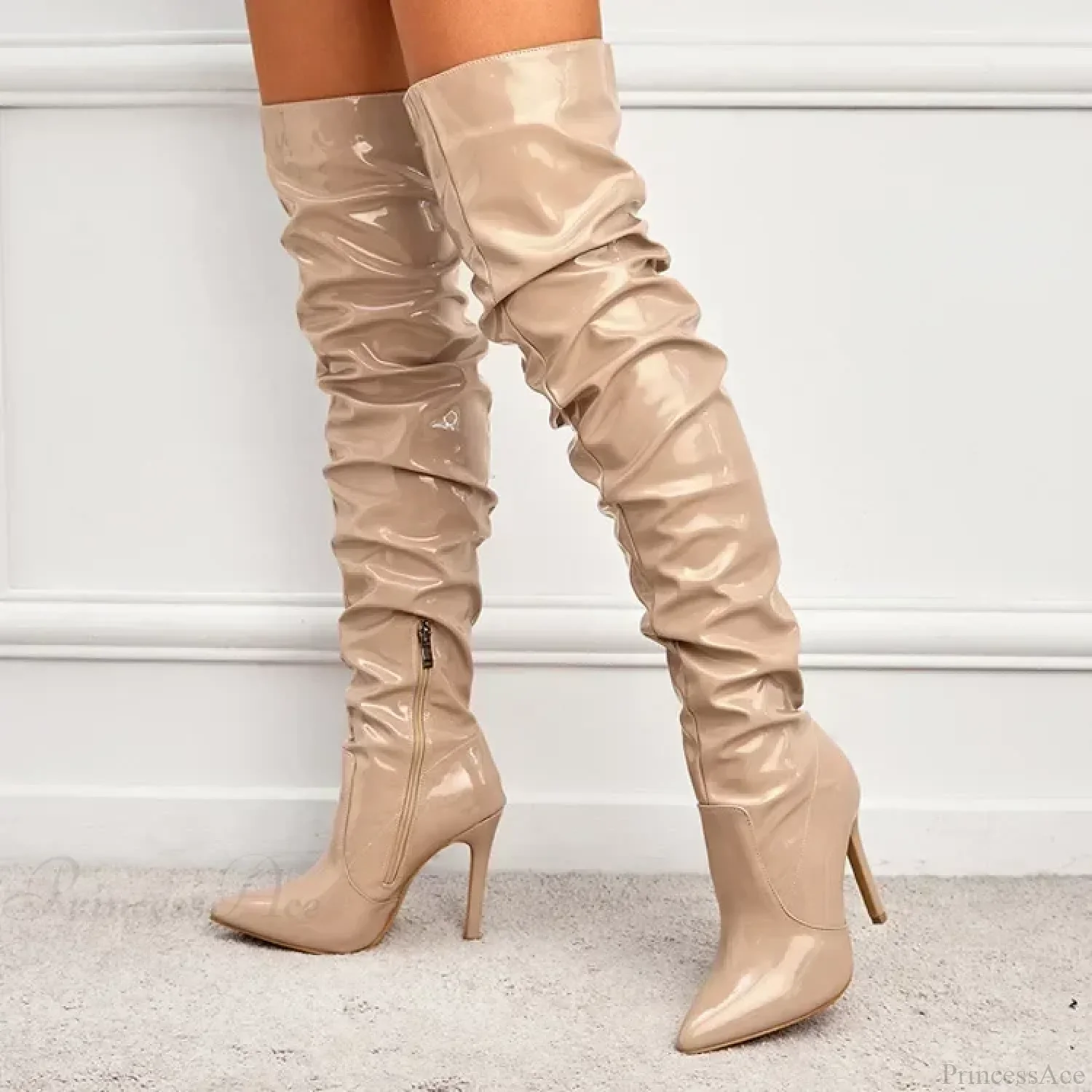 Hot Sexy Modern Boots Autumn Winter Patent Leather Elastic Over-the-Knee Slim Pointed Toe Zip Thigh High Heel - Image 7