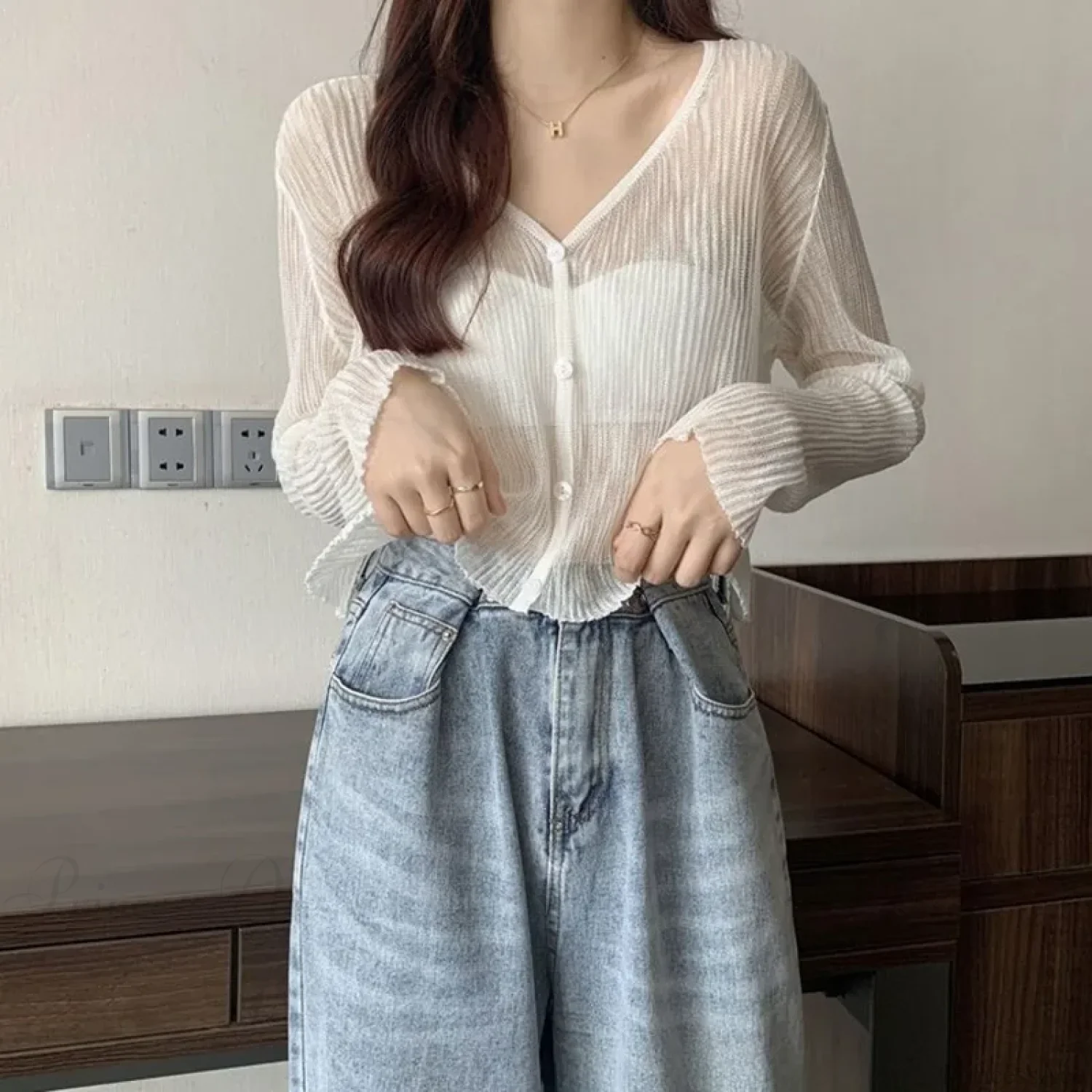 Ice Silk See-Through Thin Single Breasted Pink Knit Cardigan - Image 5