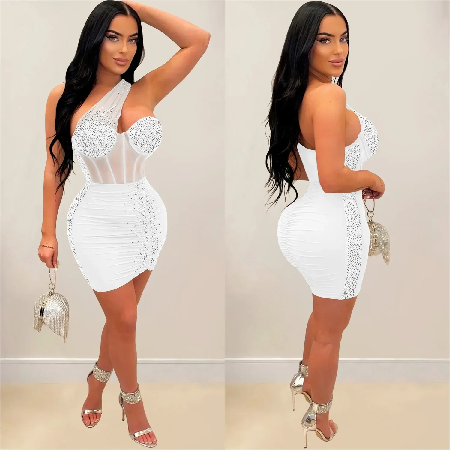 Incline Shoulder Rhinestone Mini Party Dress - Image 5