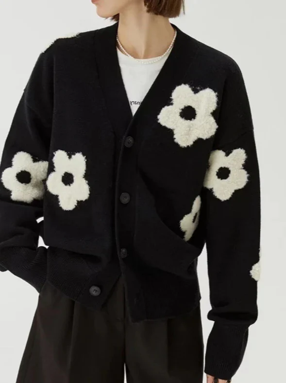 Jacquard Knit V-Neck Cardigan - Image 2