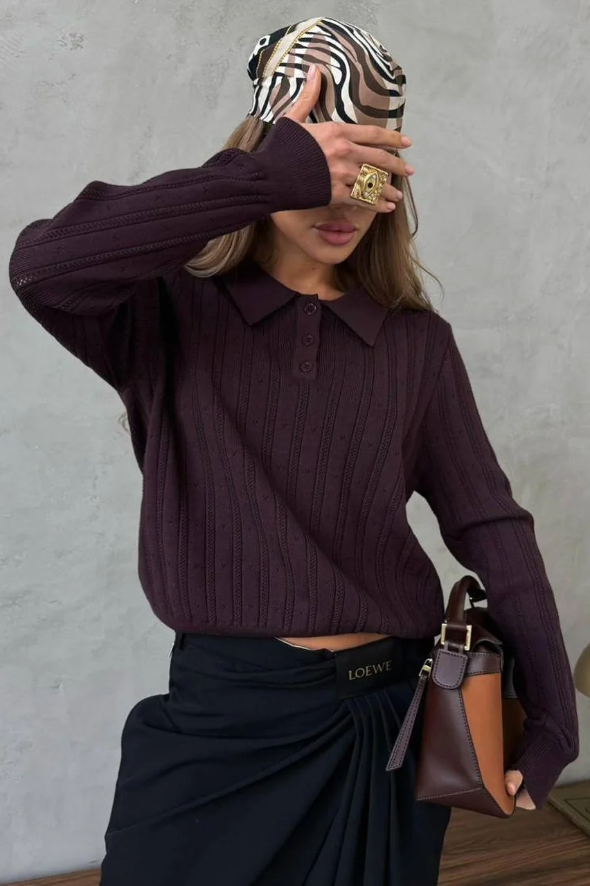Jacquard Polo Collar Long Sleeve Loose Blouse - Image 21