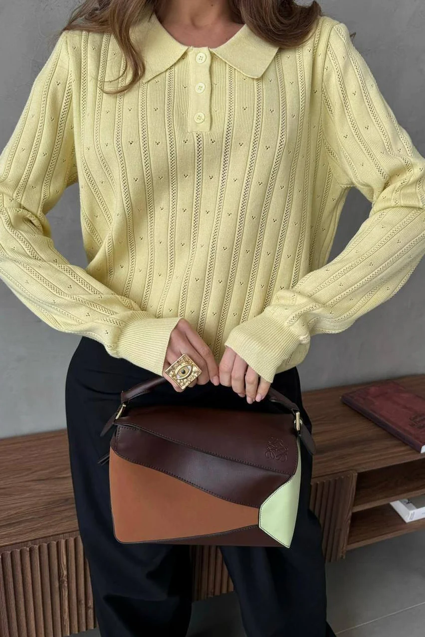 Jacquard Polo Collar Long Sleeve Loose Blouse - Image 22