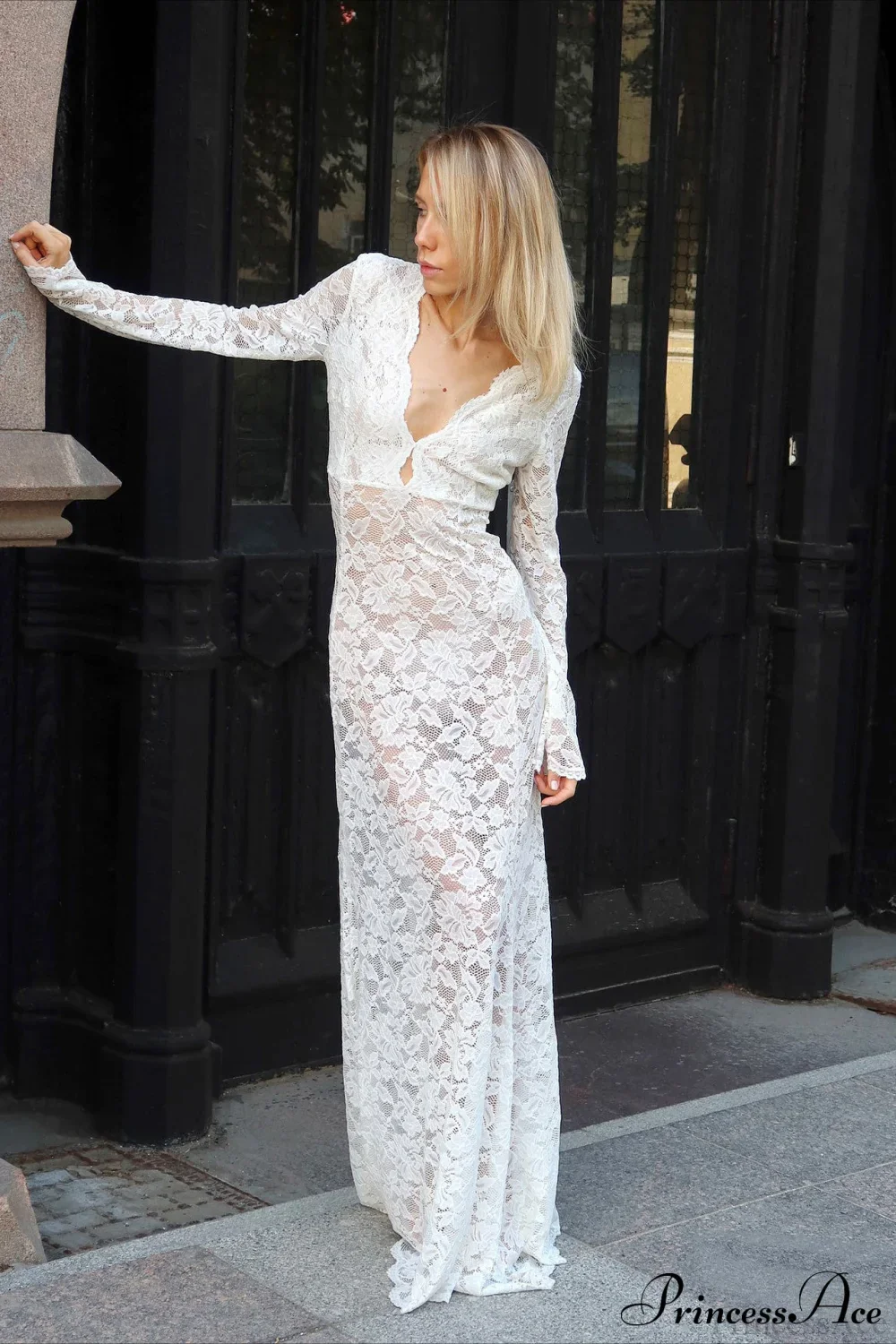 Jacquard Sheer Lace Sexy Bodycon Maxi Dress - Image 3