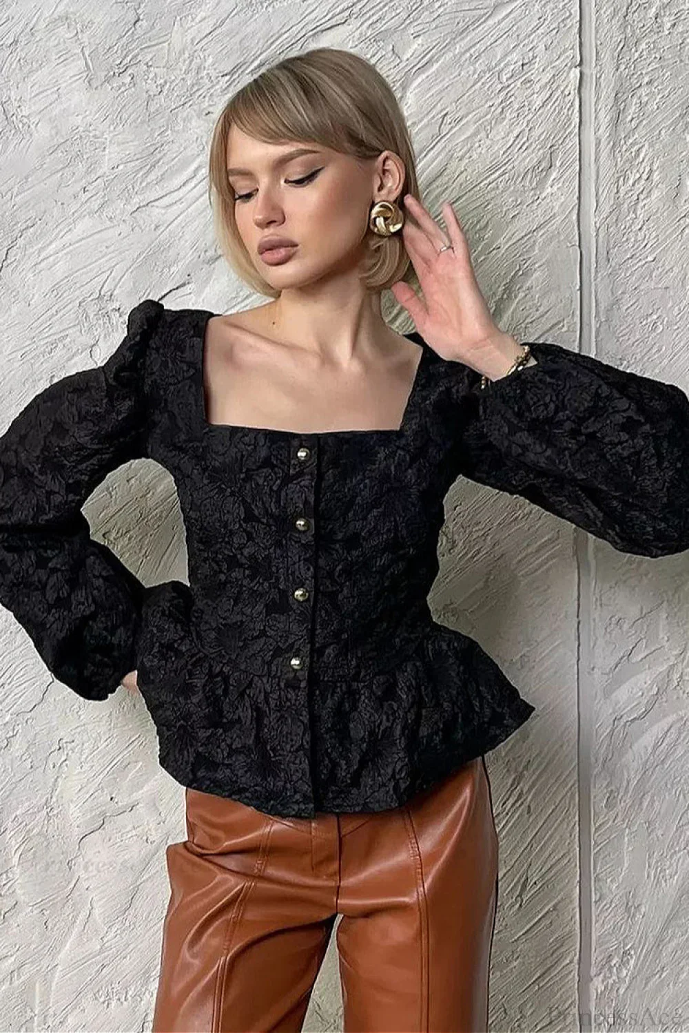 Jacquard Sophisticated Square Neck Puff Sleeve Blouse - Image 3