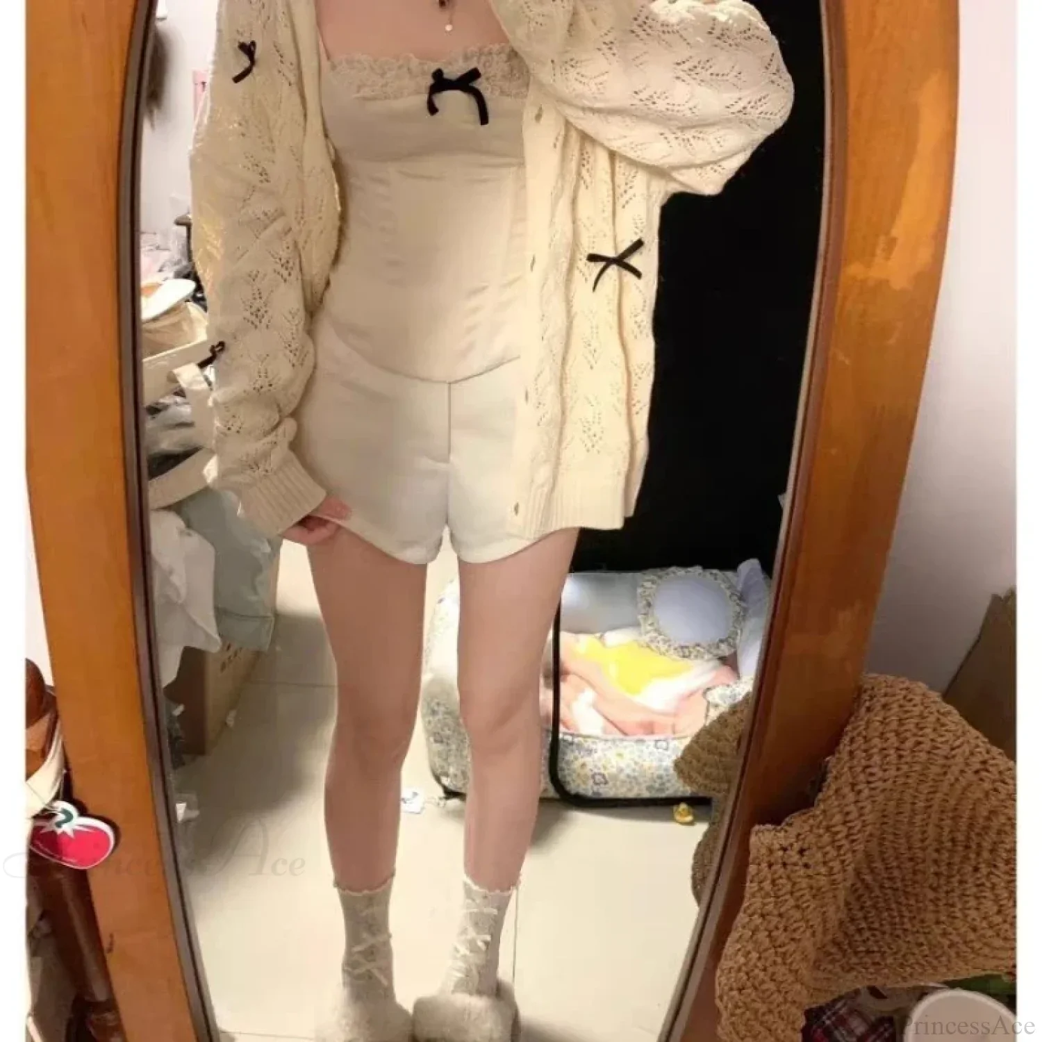Kawaii Bow Hollow Out Solid Knit Cardigan - Image 2