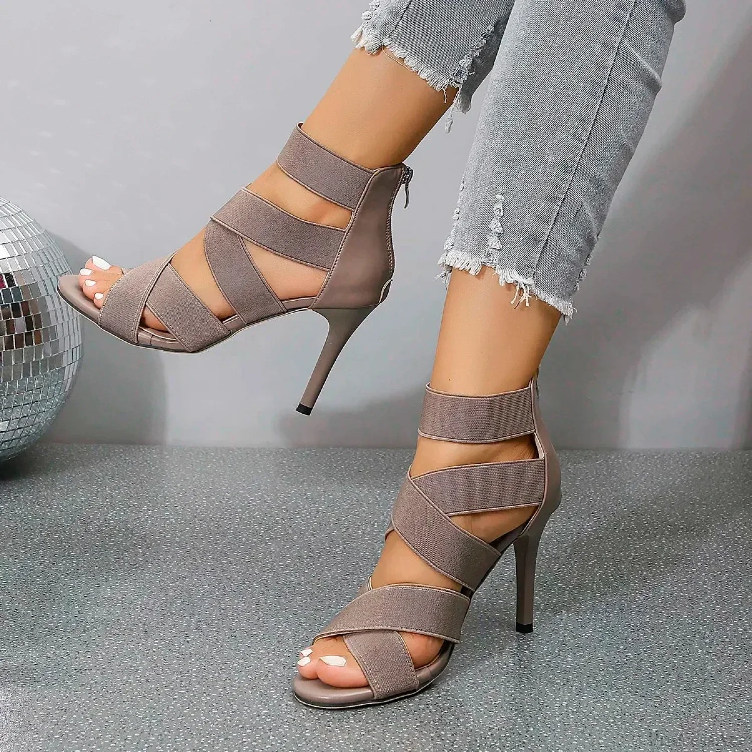 Khaki Beige Thin High Heels Sandals Women Summer Sexy Elastic Band Crossing Wedding High Heel