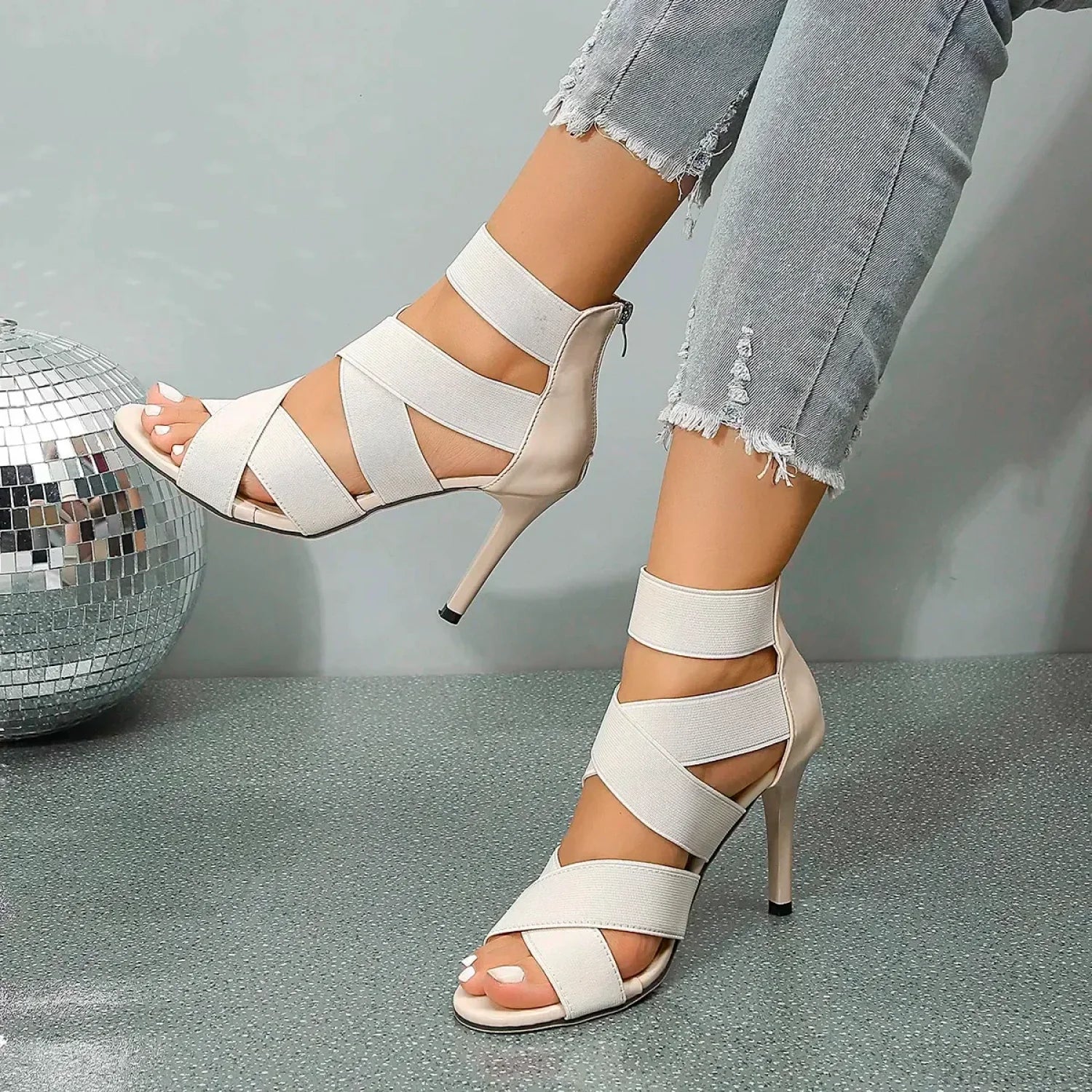 Khaki Beige Thin High Heels Sandals Women Summer Sexy Elastic Band Crossing Wedding High Heel - Image 2