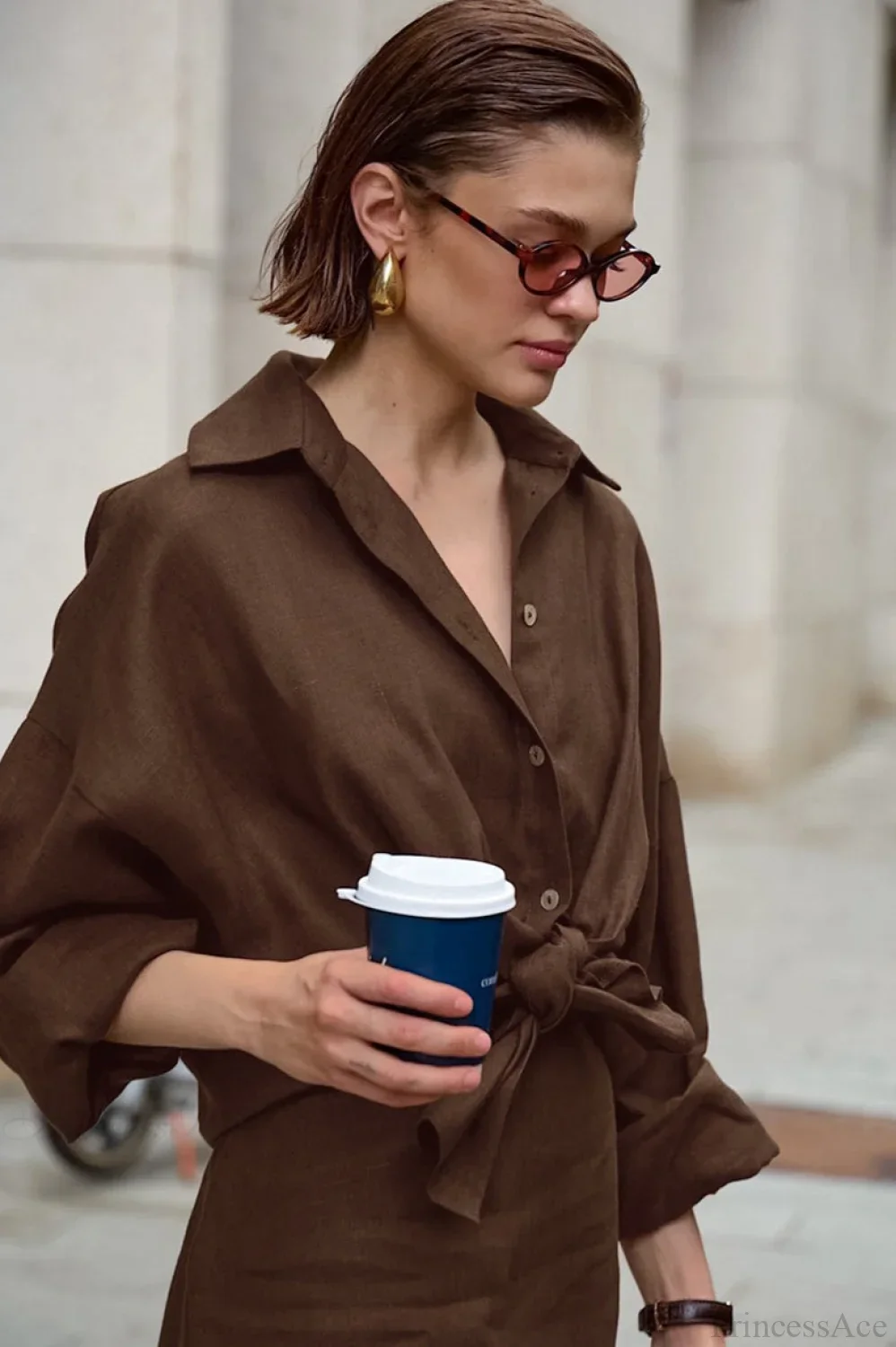Khaki Cotton Linen Relaxed Long Sleeve Two Piece Set - Image 7