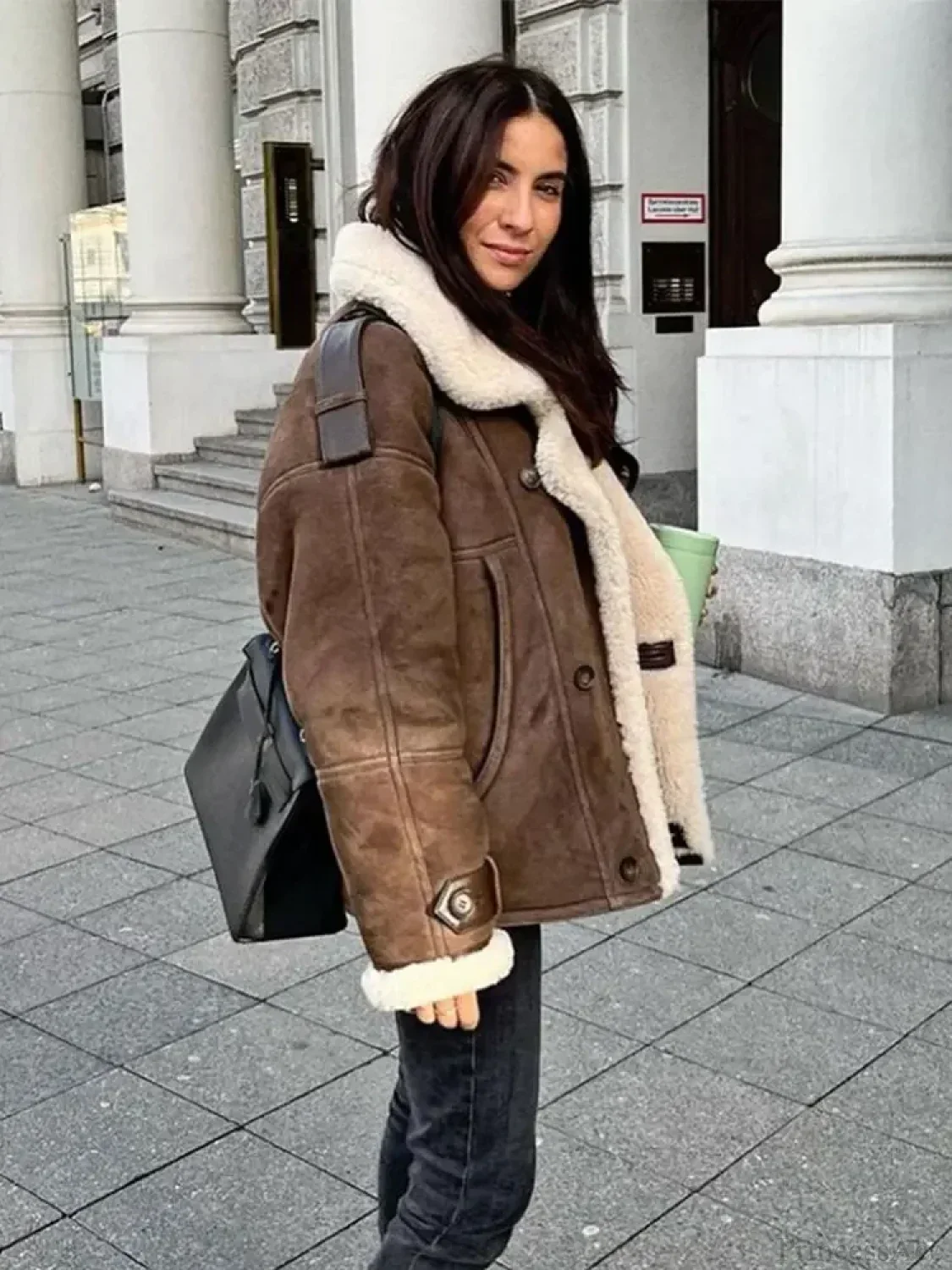 Khaki Single Breasted Leather Coat - Image 3
