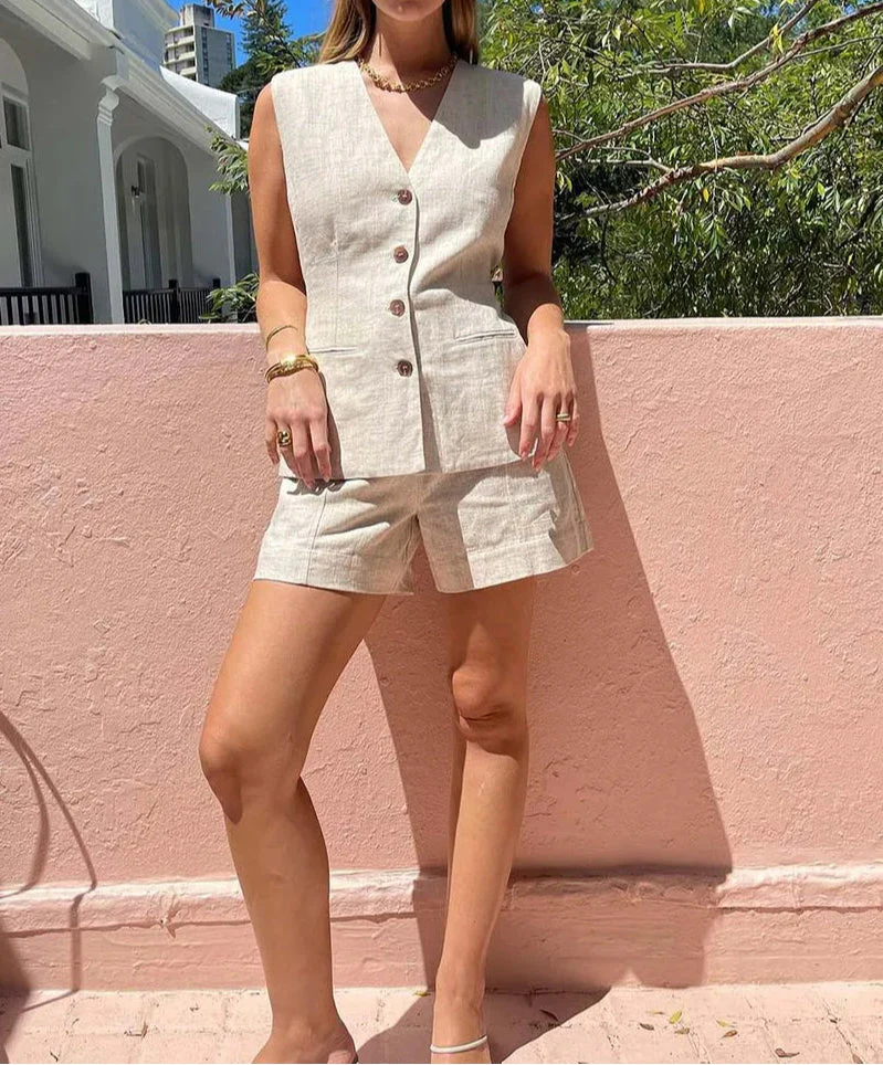 Khaki Sleeveless Button Shorts Office Two Piece Set - Image 2