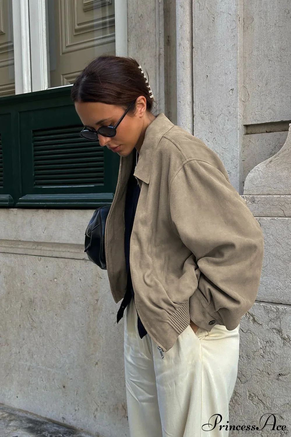 Khaki Suede Collared Oversized Retro Coat