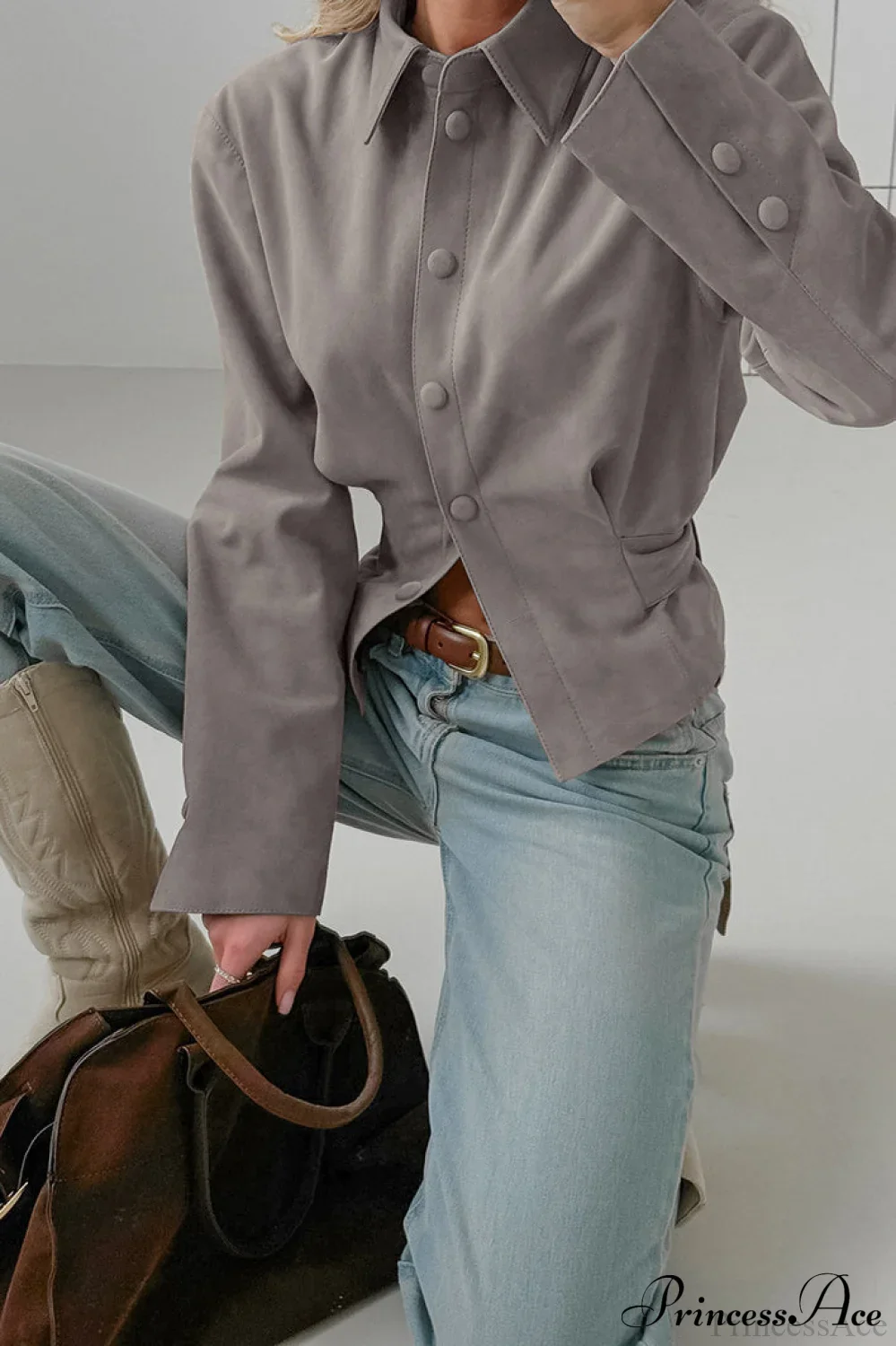 Khaki Suede Collared Ruched Blouse - Image 2