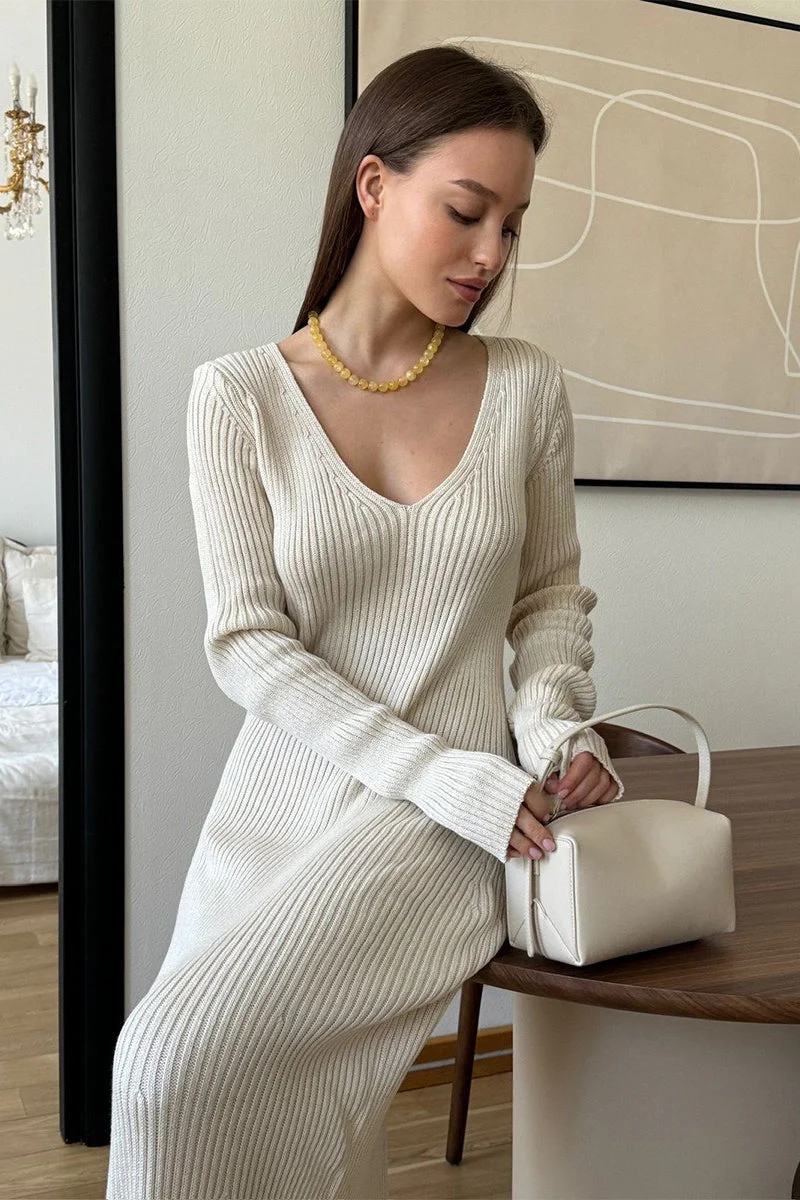 Knit Bodycon V Neck Maxi Dress - Image 11