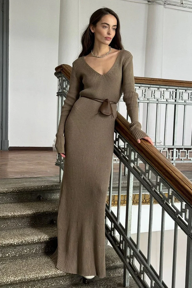 Knit Bodycon V Neck Maxi Dress - Image 2