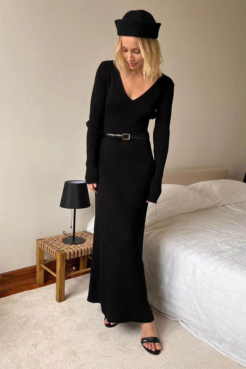 Knit Bodycon V Neck Maxi Dress - Image 7
