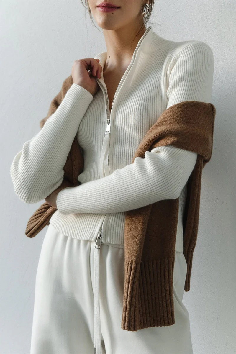 Knit Double Zipper Stand Collar Blouse - Image 4