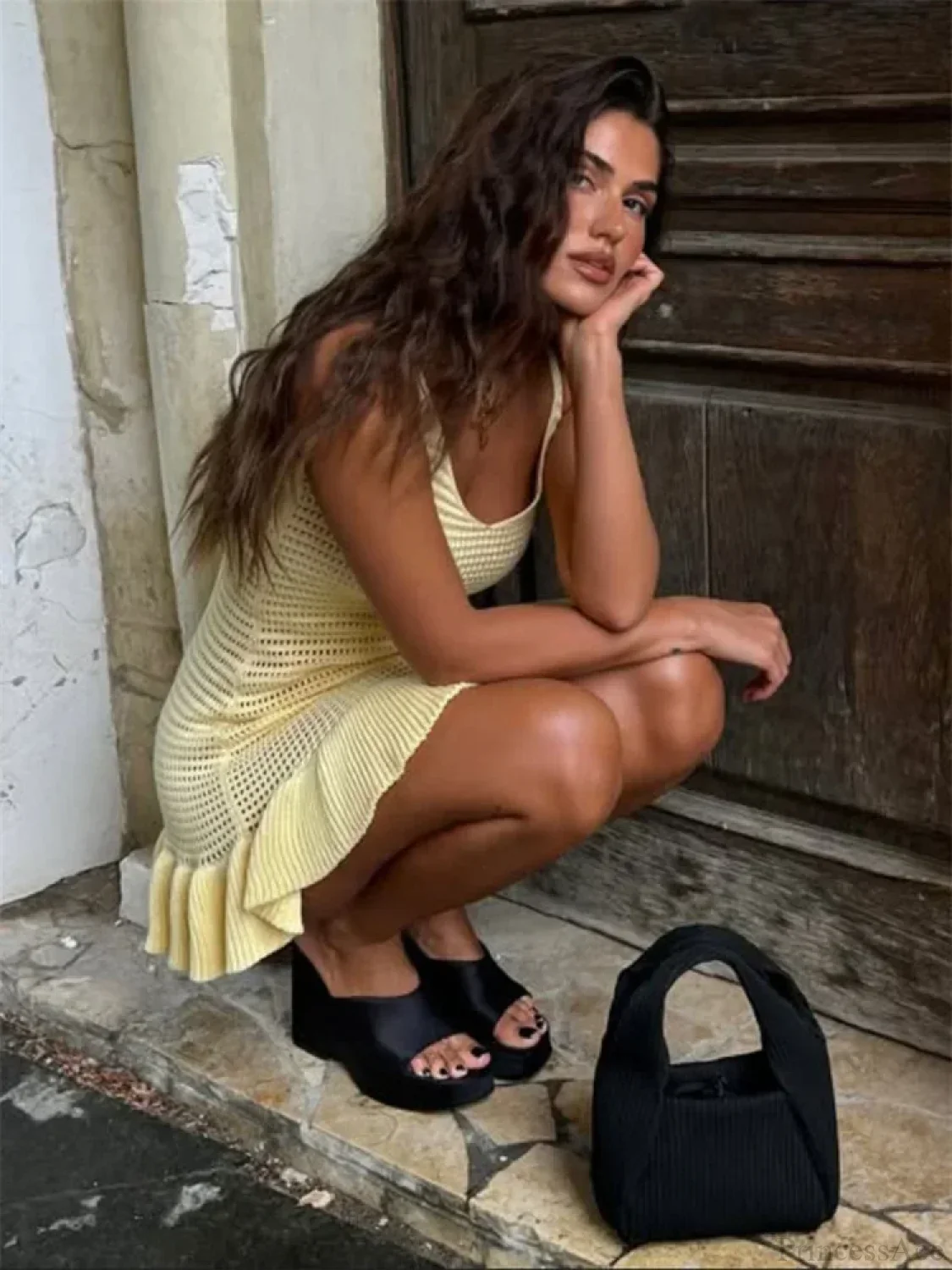 Knit Hollow-Out V-Neck Mini Dress - Image 4