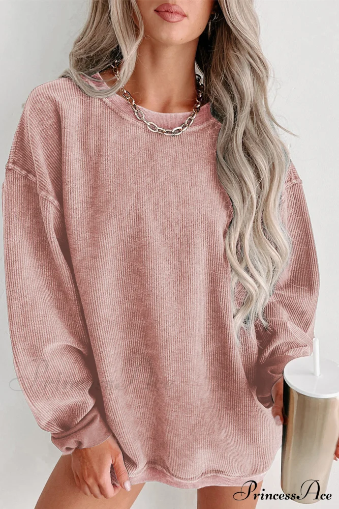 Knit Neck Pullover Ribbed Pink Round Sweatshirt