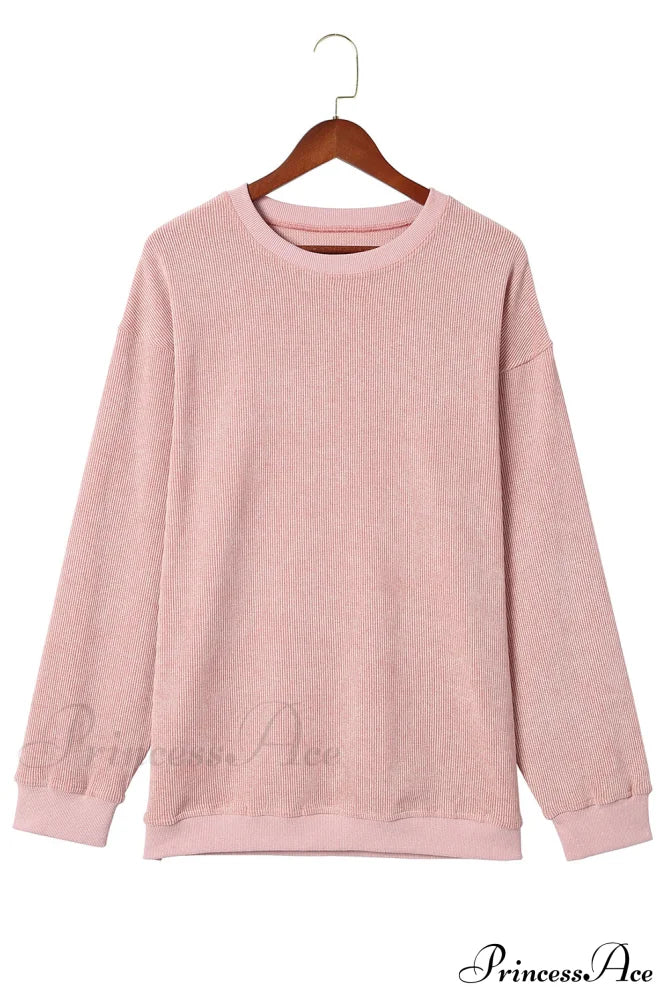 Knit Neck Pullover Ribbed Pink Round Sweatshirt - Image 10