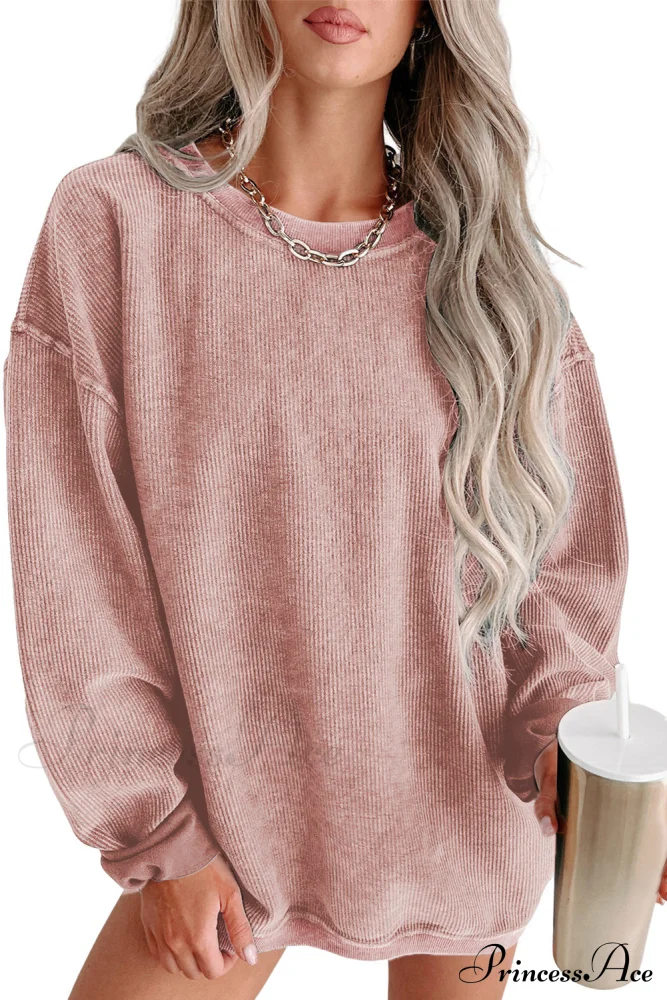 Knit Neck Pullover Ribbed Pink Round Sweatshirt - Image 11