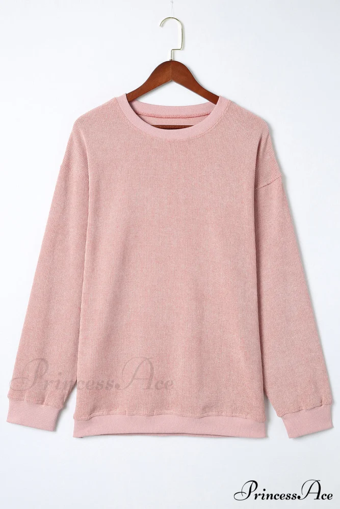 Knit Neck Pullover Ribbed Pink Round Sweatshirt - Image 4