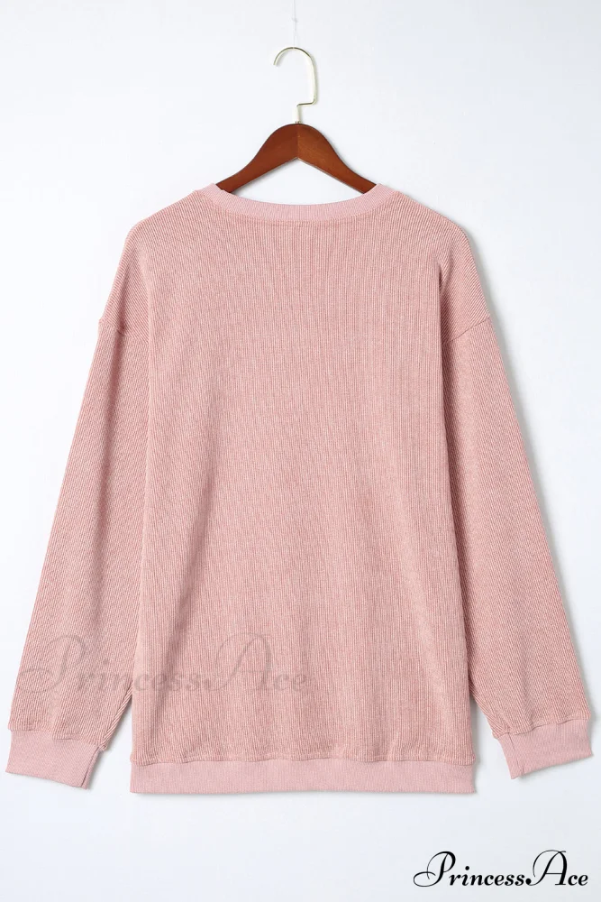 Knit Neck Pullover Ribbed Pink Round Sweatshirt - Image 5