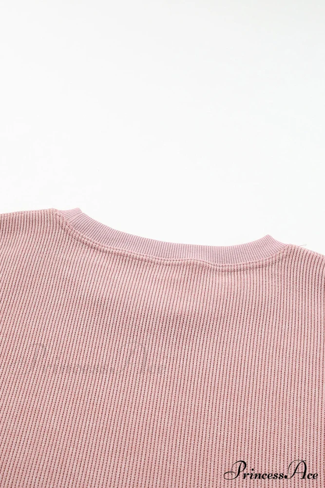 Knit Neck Pullover Ribbed Pink Round Sweatshirt - Image 8