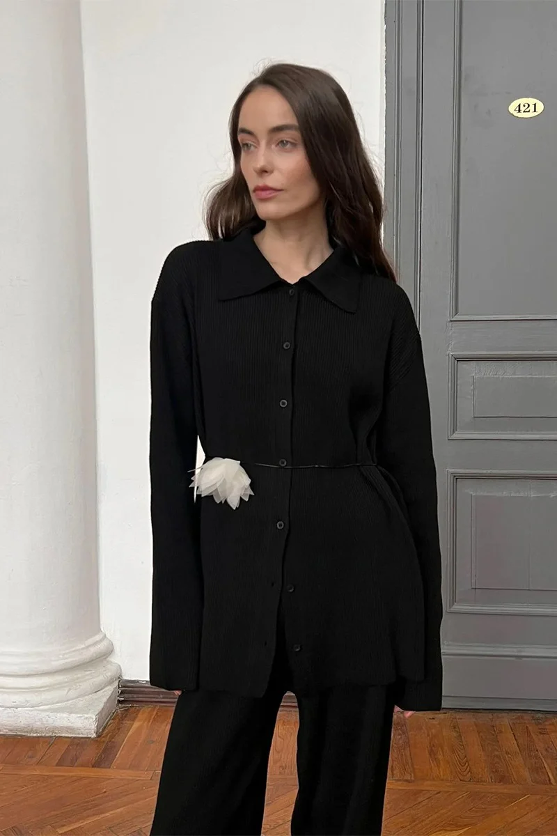 Knit Ribbed Collar Long Sleeve Loose Two Piece Set - Image 9