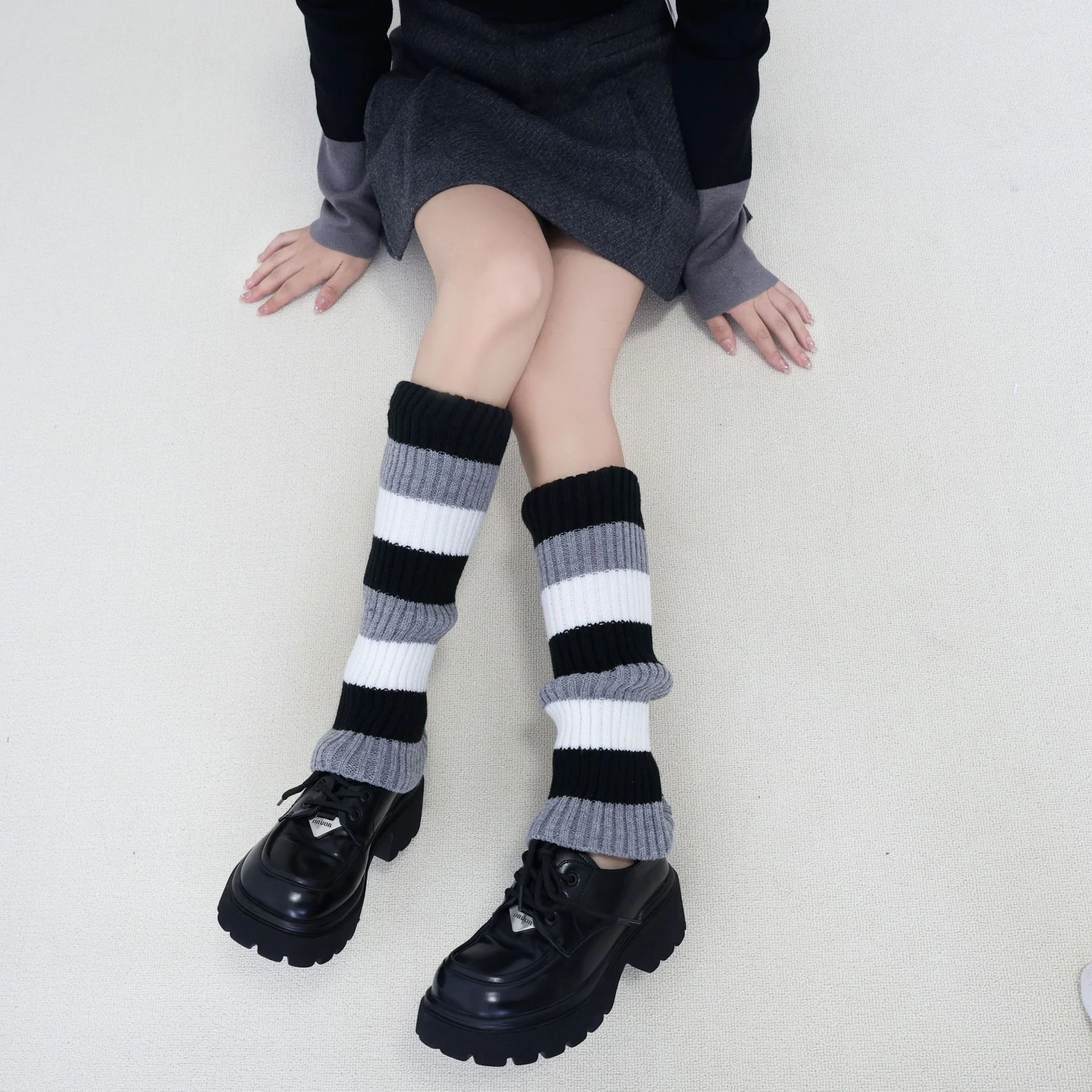 Knit Striped Color Block Slouchy Red Leg Warmers
