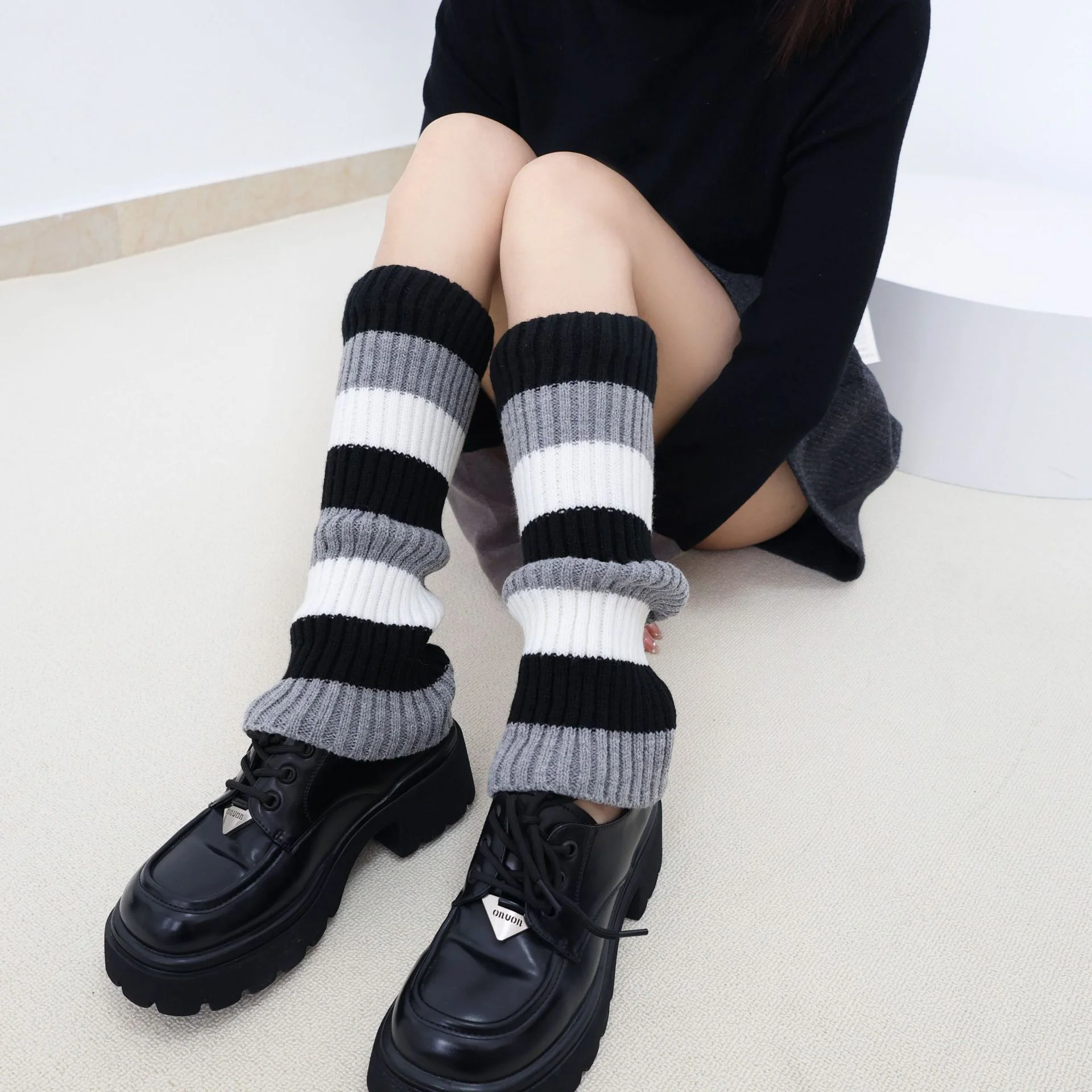 Knit Striped Color Block Slouchy Red Leg Warmers - Image 4