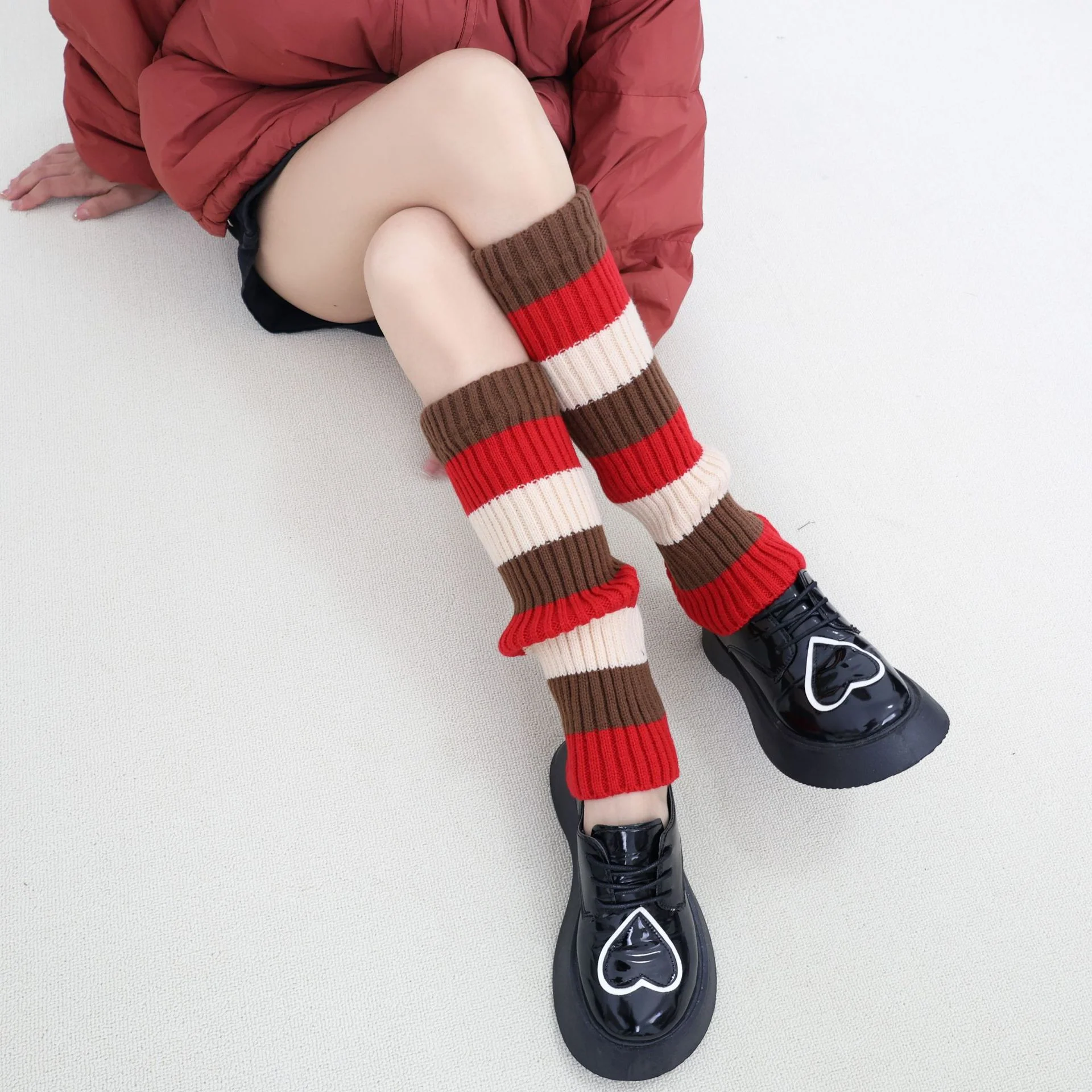 Knit Striped Color Block Slouchy Red Leg Warmers - Image 5