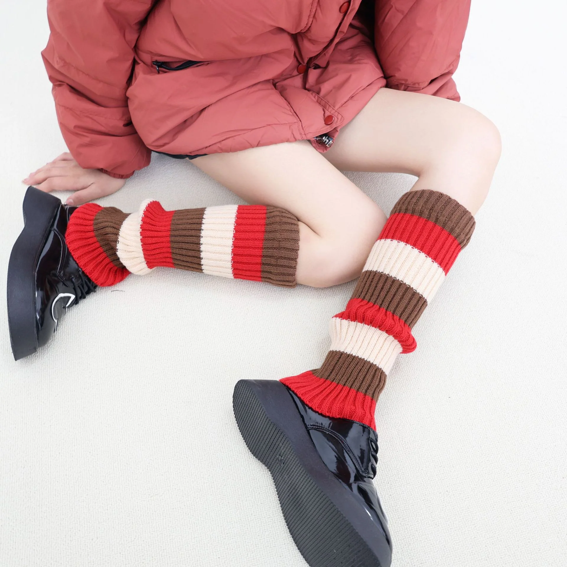 Knit Striped Color Block Slouchy Red Leg Warmers - Image 6