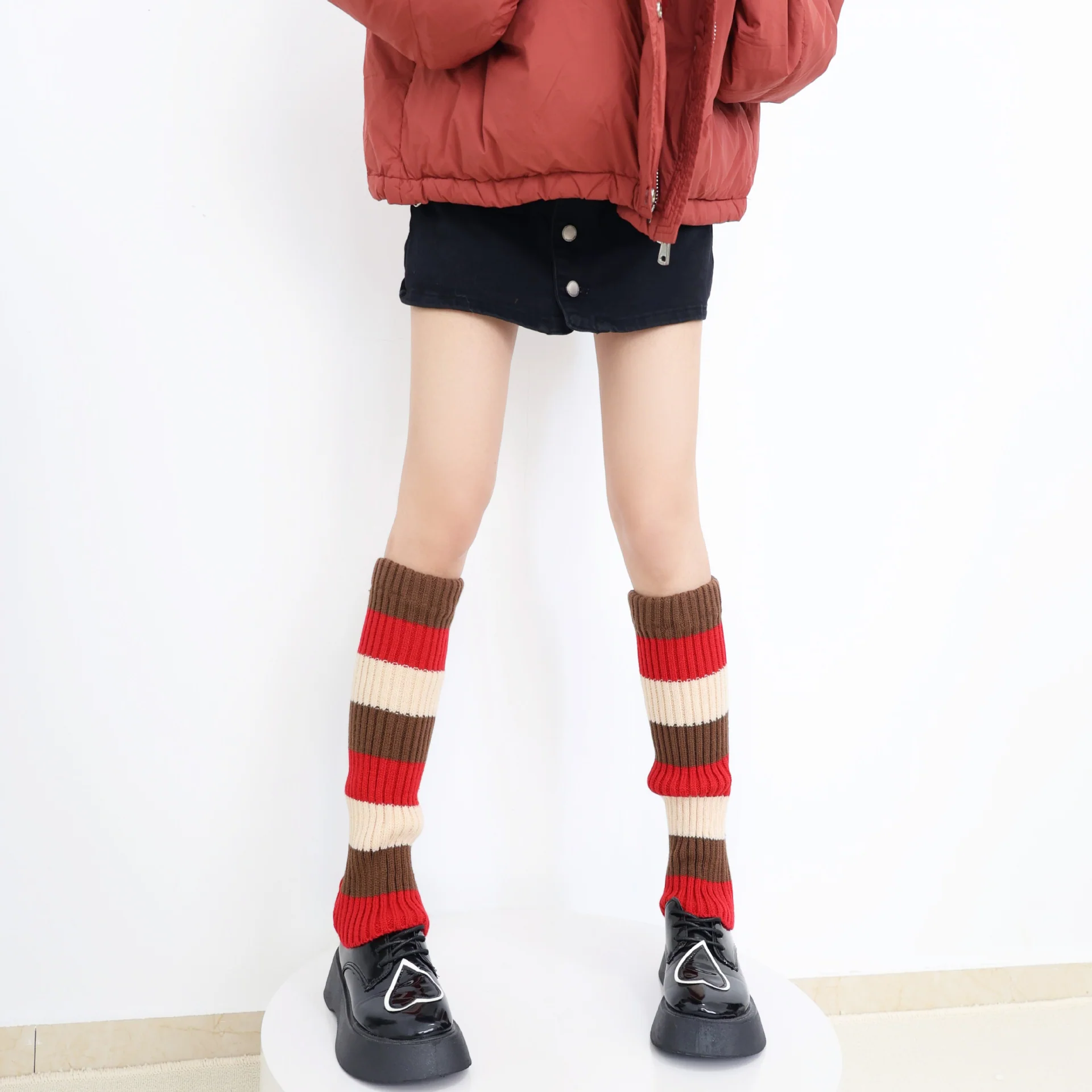 Knit Striped Color Block Slouchy Red Leg Warmers - Image 7