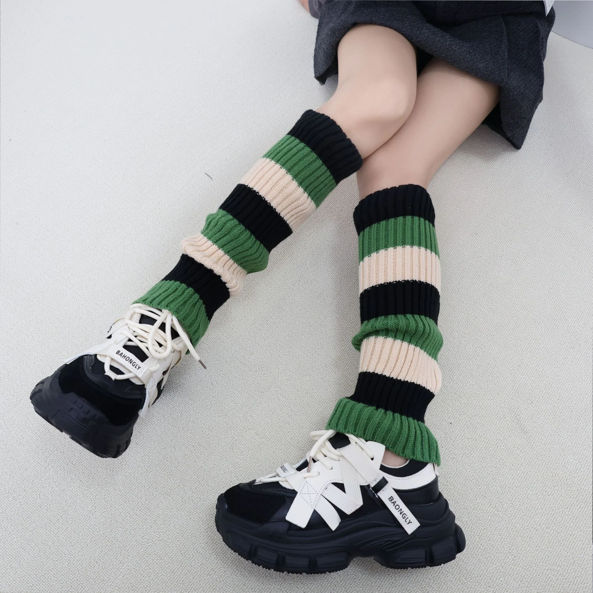 Knit Striped Color Block Slouchy Red Leg Warmers - Image 8