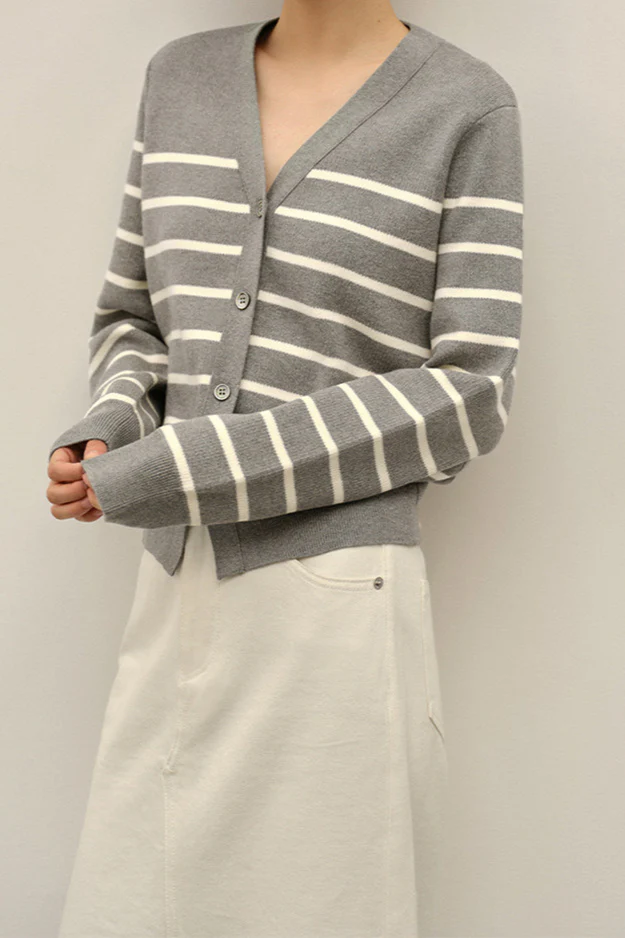 Knit Striped V Neck Colorblock Cardigan - Image 2