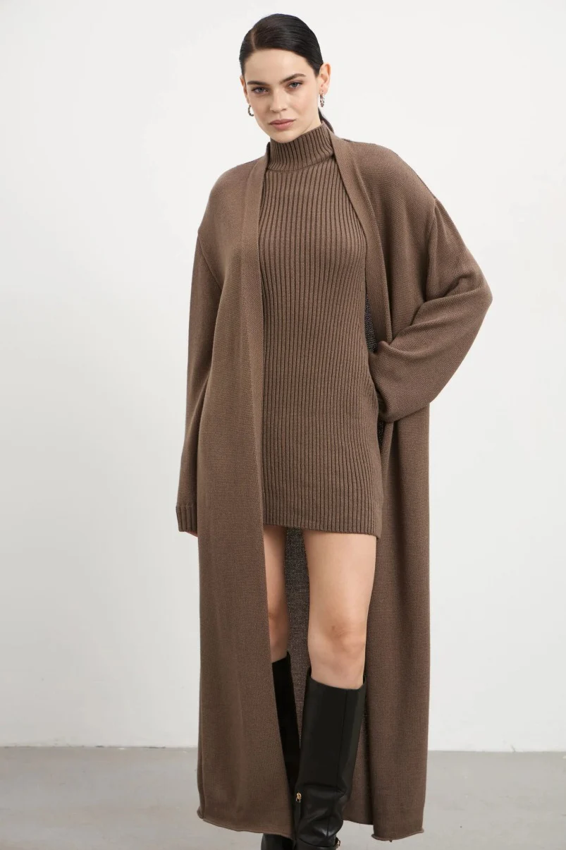 Knit Tank Dress Fitted Long Cardigan Two Piece Set - Image 11