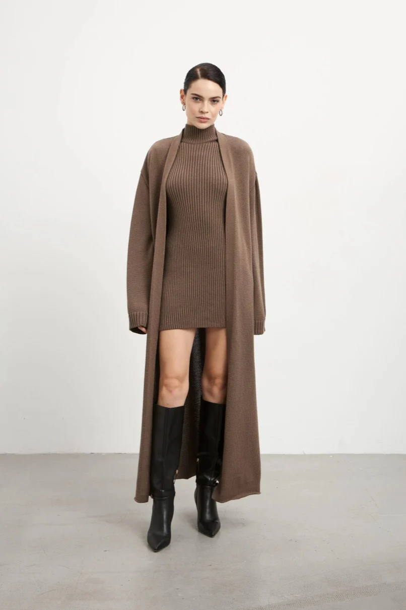 Knit Tank Dress Fitted Long Cardigan Two Piece Set - Image 13