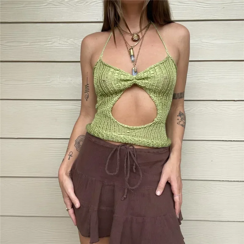 Knitted Cutout Halter Crop Top - Image 2