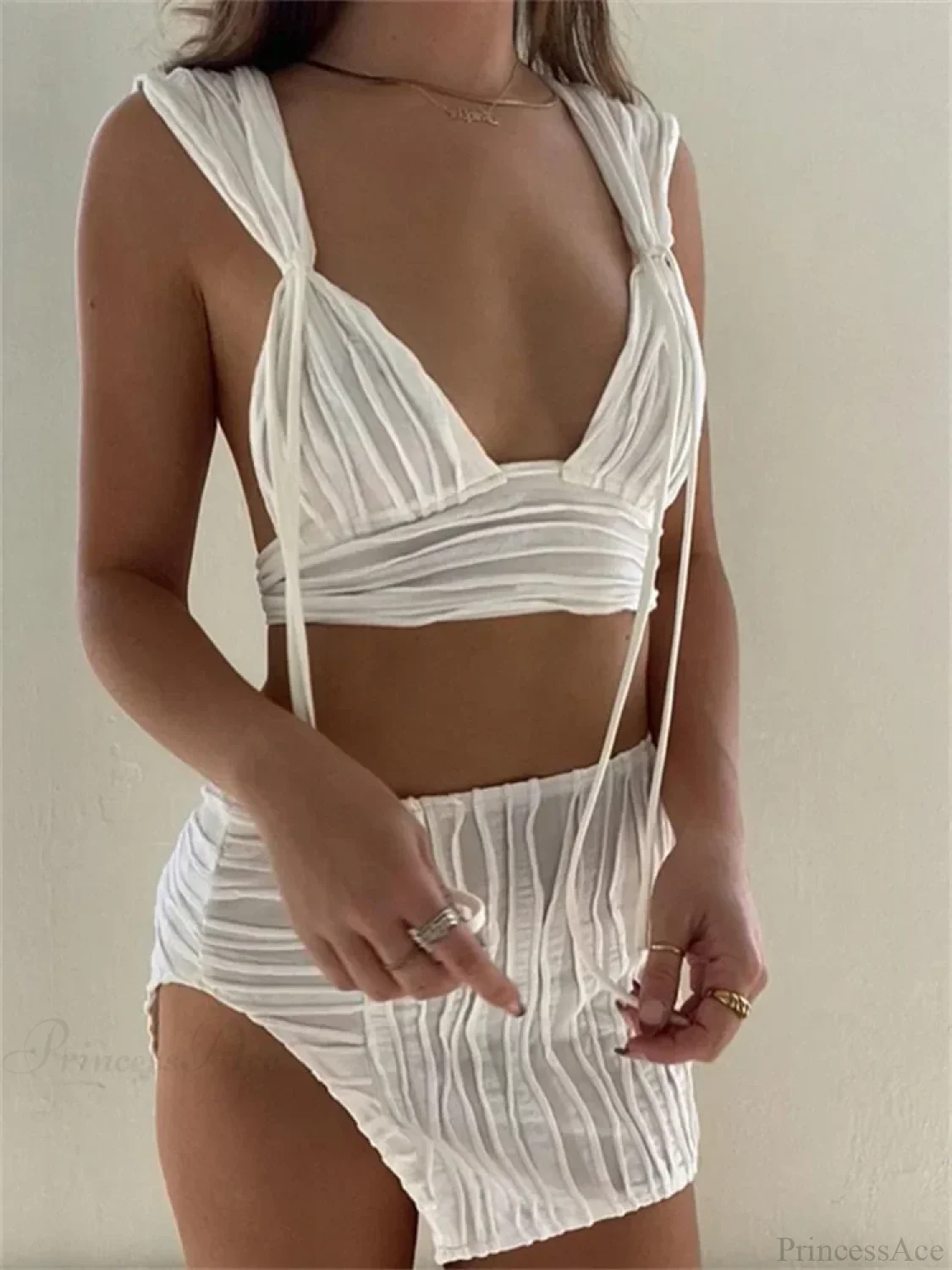 Knitted Deep V-neck Tank Crop Top High Waist Split Mini Skirt Set